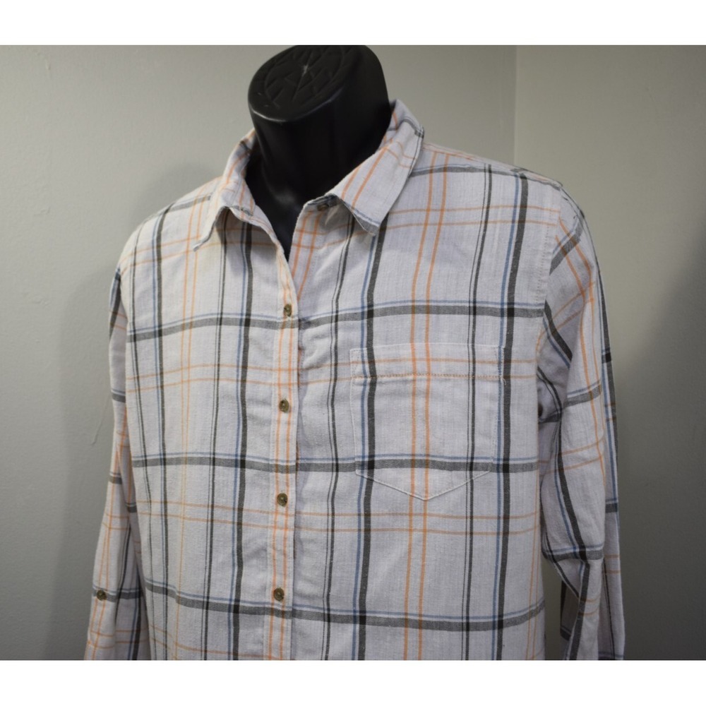 Prana Button Up Shirt Plaid Long Sleeve Front Pocket Organic Cotton Womens Large